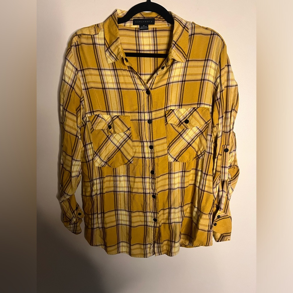 Sanctuary Anthropologie Yellow Black Plaid Button Down Boyfriend Flannel Size M - Picture 3 of 8
